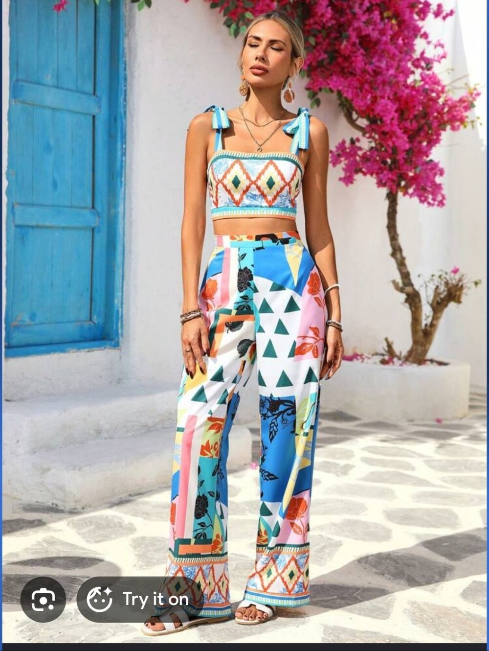 Shein Vidi Eden Boho Geo Print Wide-Leg Pants & Top Vacation Set Size Medium